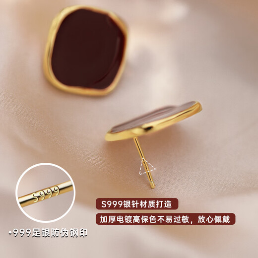 Ruihongxiang 999 sterling silver earrings, red square earrings, female ancora red earrings, light luxury, high-end, temperament, autumn and winter earrings, 999 sterling silver earrings - a pair of red square earrings.