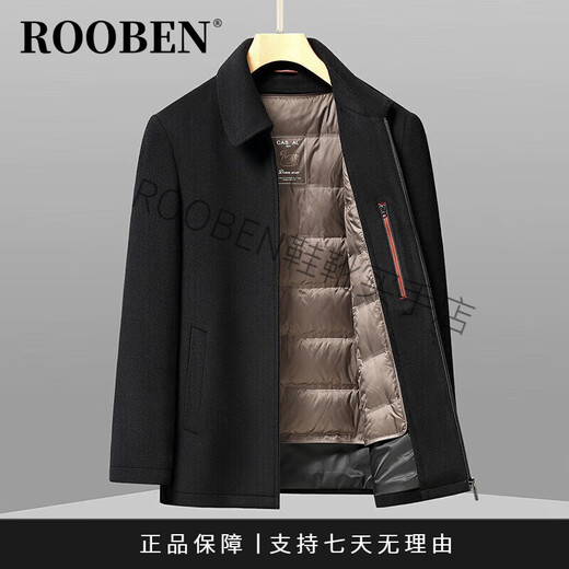 ROOBEN奢侈高端品牌男装高档秋冬新款羊毛呢大衣外套男可拆卸鹅羽绒内胆 黑色 L