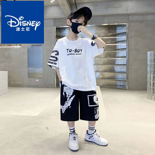 迪士尼（Disney）男童套装2025夏季新款网红套装一整套儿童t恤中大童男孩两件套潮 黑色短袖[SO套装]#687 170 适合身高160左右