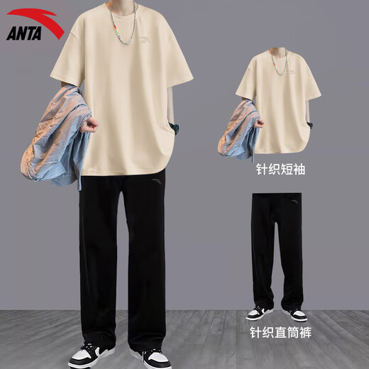 安踏运动套装男2025年夏新款纯棉短袖T恤长裤运动服青少年休闲两件套 【套装】-1纯净白 L/175