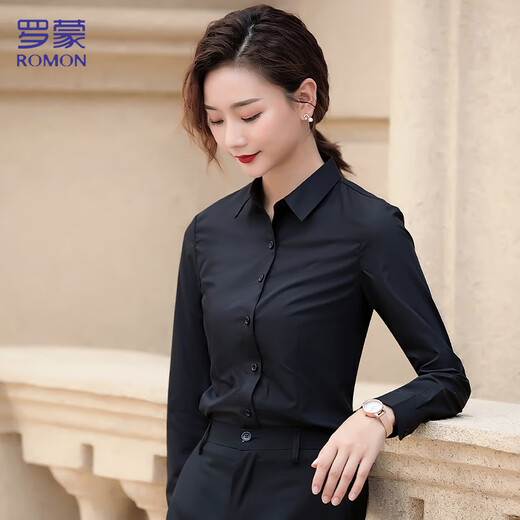 Romon [Modal breathable] shirt for women with autumn loose long-sleeved shirt for business slim fit slim bottom shirt black L