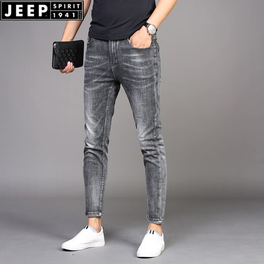 JEEP SPIRIT Summer Cropped Jeans Men's Slim Feet 2025 New Smoke Gray Casual Stretch Men's Pants Thin 1049 Cropped Pants Gray Thin 28 2 feet 195-110Jin [Jin equals 0.5 kg]