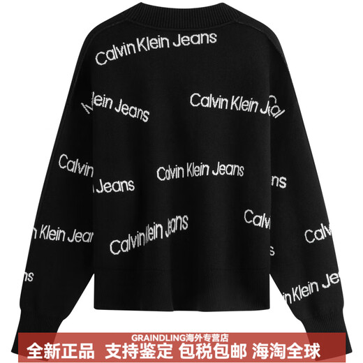 凯文克莱（Calvin Klein）含羊毛混纺提花纽扣V领宽松针织开衫毛衣女士 BEH-太空黑 XS