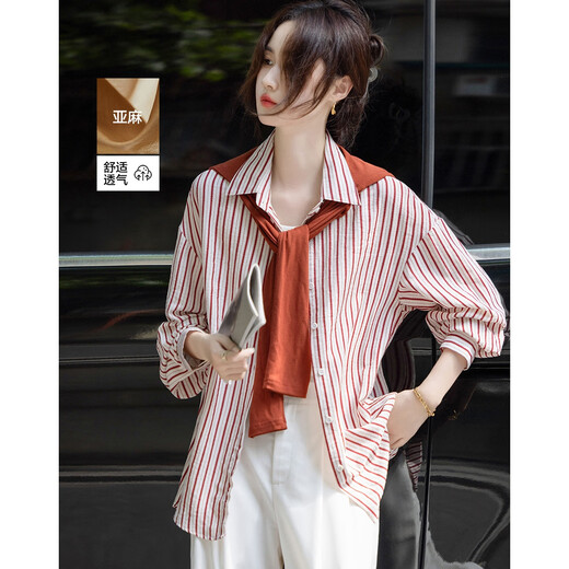 Demana contains natural linen, autumn relaxed prologue lapel striped shirt, hidden flesh petite shirt, women's top