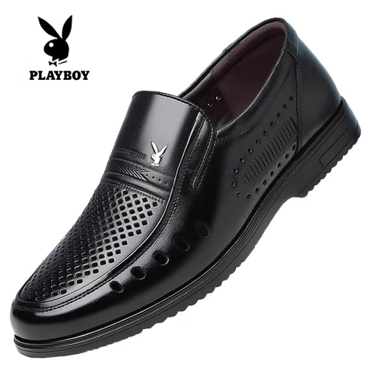 花花公子（PLAYBOY）花花公子男鞋2025夏季新款真皮镂空男士增高皮鞋防滑中老年爸爸鞋 黑色镂空款9922尖头 37