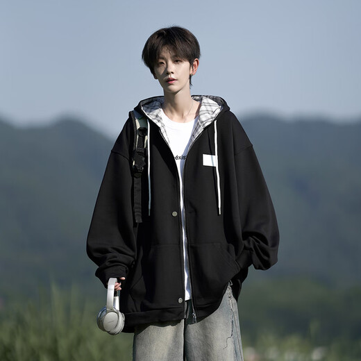 NYING American contrasting color hooded cardigan jacket for men in spring and autumn new fashion brand plaid heavy large size loose sweatshirt top gray XL (125-140Jin Jin equals 0.5 kg)