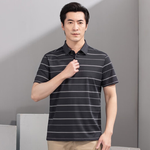 红都夏季新款男士短袖T恤商务休闲翻领簿款条纹微弹中年半袖t恤衫 咖色ta9226-2 均码 180/96A