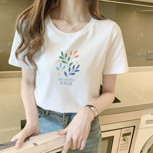 Dufanisi camiseta de manga corta para mujer pequeña de algodón puro, versátil, de algodón puro, camiseta blanca de alta gama, de manga corta para mujer, hombros sueltos, transpirable, estudiante 9793 blanco corto M (recomendado 80-105 Jin Jin equivale a 0,5 kg) talla única