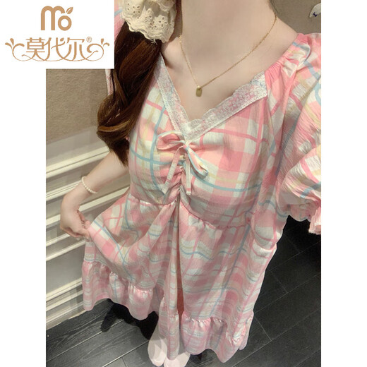 
Modal pink plaid pajamas for women in summer with chest pads sexy cute lace short-sleeved princess style nightgown 2025 home clothes 16864 pink flower green leaves fixed chest pad M 160