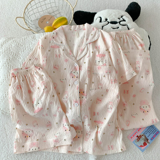 UKUHPK25 Sommer Frauen doppelte kurze Hosen dreiteiliger Pyjamas Cardigan Revers Creative Cartoon Cloud Cotton WZN-9901# Pink Border Mike M.