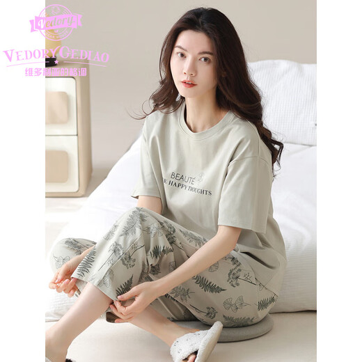 Victoria's Style Cotton Ladies Pyjamas Set Summer Summer Pure Cotton Kurzärmel-Cartoonhose Koreanische Kleidung im koreanischen Stil kann draußen im Sommer Y9712 m getragen werden (empfohlen 75-95jin [Jin gleich 0,5 kg]))