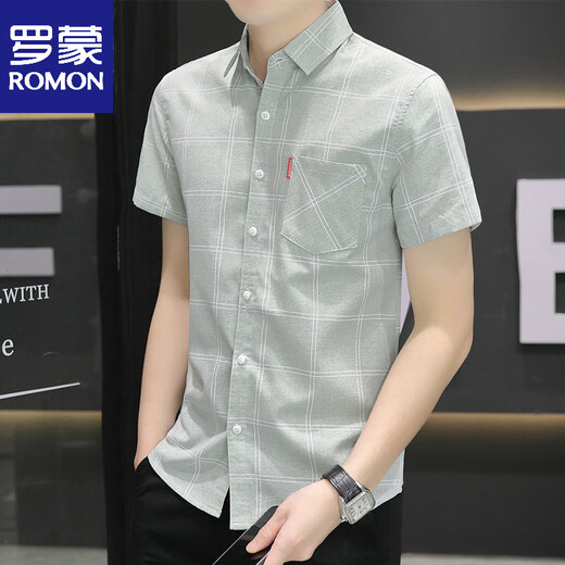 Romon 2025 Camisa de manga corta de verano Camisa de seda de hielo a cuadros a cuadros para hombres jóvenes de ropa formal