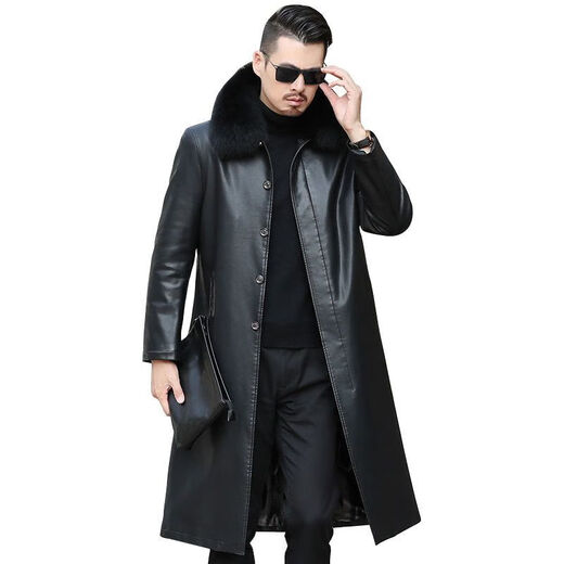 An Chuxia middle-aged and elderly long knee-length leather windbreaker men's autumn and winter warm genuine good leather men's dad winter coat warm whole body long black + fur collar thickened XL 180/recommended weight (135-150Jin Jin equals 0.5 kg)
