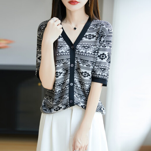 Li Yinu Laiser Tiansi T-shirt à manches courtes pour les femmes 2025 Été Nouveau-couche en V Cardigan rayé Cardigan Picture de dessus polyvalente Couleur JXHDHTN-724 M