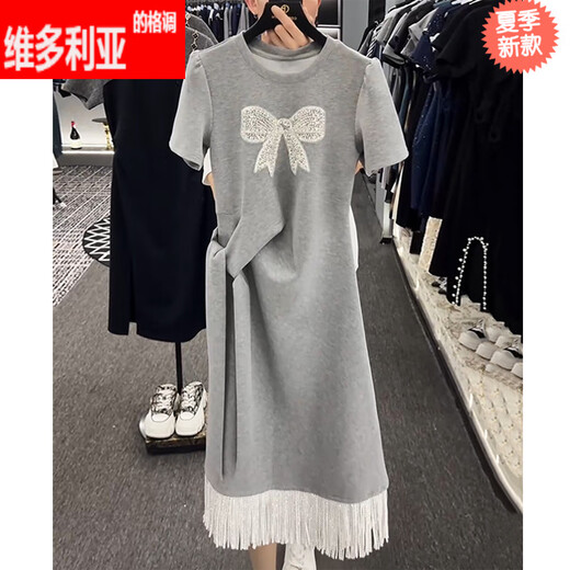 维多利亚的格调重工蝴蝶结短袖连衣裙女2025夏季新款收腰显瘦长裙小个子气质裙子 黑色3524 M 【建议100-115斤】