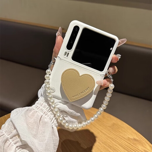 科沃奇适用华为Pura X手机壳新款皮质爱心支架铰链全包丝巾手提保护套purax典藏版折叠屏珍珠链防摔壳女 铰链全包白壳-爱心支架+珍珠手链 华为 Pura X