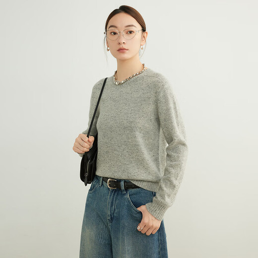 ROMON high-end sweater for women 100% cardigan for women 2025 spring and autumn new style floral round neck straight shoulder long sleeve base shirt white gray M