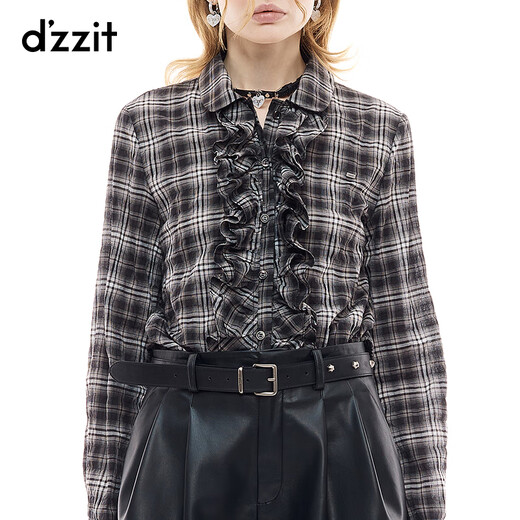 DZZIT【刘浩存同款】地素衬衫2025秋季复古荷叶边格纹上衣女3J3D5153F 深灰色 M