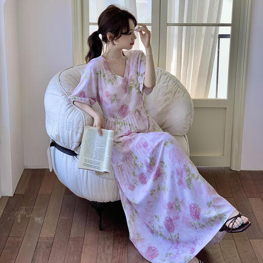 山头林村一体式固定胸垫睡裙可外穿有腰带女短袖夏季棉绸加长款连衣裙 V领长裙淡蓝花条带胸垫 均码 F裙长12590-160斤