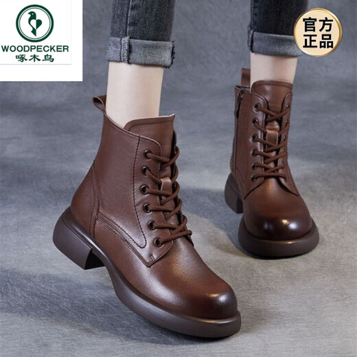Spechtschuhe echtes Leder 2024 Herbst und Winter Neue Nicht-Schlupf-Frauenstiefel schlanke Martin-Stiefel weiche Sohle Lederschuhe plus Samt verdickte kurze Stiefel Schwarze Samt 35