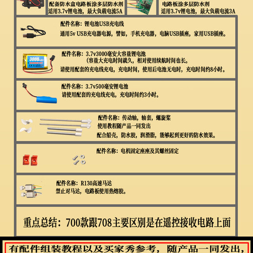 婕茵桐打窝船全套配件 四通无线遥控船电路板配件泡沫DIY拼装作船模快艇 700#-6000毫安 配件如图-需自制自备船壳改装