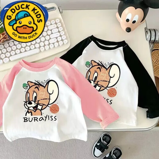 
G.DUCKKIDS new cat and mouse children's T-shirt long-sleeved boys autumn small and medium-sized children's clothing fashionable rabos sleeve base shirt girl [white and red]#D674 Jerry Mouse 80 [Suggested height 70-80cm]