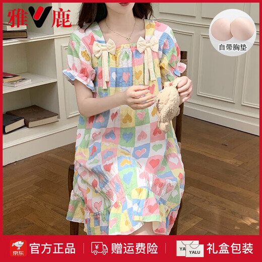 
Yalu Yunduo cotton nightgown for women in summer short-sleeved thin style with chest pad sweet love summer loose student pajamas home clothes 9901-4 [with chest pad removable] M [Suggest weight 75-95 Jin [Jin equals 0.5 kg]]