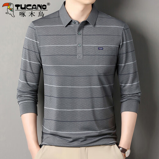 
Woodpecker striped long-sleeved T-shirt for men in spring and autumn new casual middle-aged and elderly daddy lapel pocket base middle-aged top SY-CX-6627 green thin XL 175/135-155Jin[Jin equals 0.5 kg]