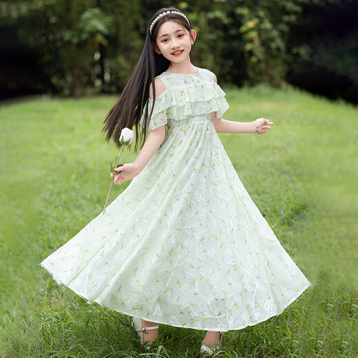 OIMG女童夏装连衣裙2025新款儿童碎花长裙洋气时髦女孩雪纺沙滩裙夏季 6630浅蓝色拍下赠发箍 120 CM