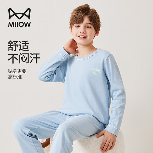 Gato hombre niño pijamas niños pijamas algodón puro manga larga primavera y otoño medio y niño grande ropa casera azul gris 150