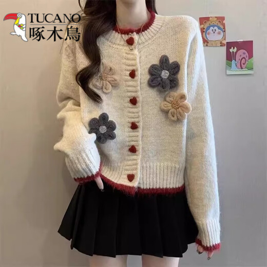 
Woodpecker (TUCANO) sweater cardigan jacket for women 2025 spring new miu love button flower long-sleeved short top spring suit white S [recommended 80Jin [Jin equals 0.5 kg]-95Jin [Jin equals 0.5 kg]]