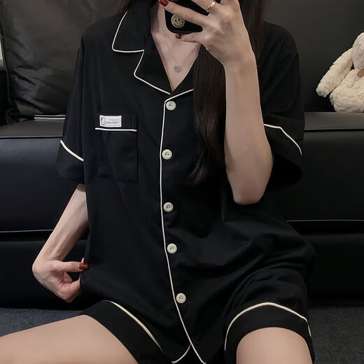 莫代尔韩版简约纯色棉睡衣女短袖短裤夏季两件套宿舍可外穿家居服套装 9903#黑色 M 80-100斤