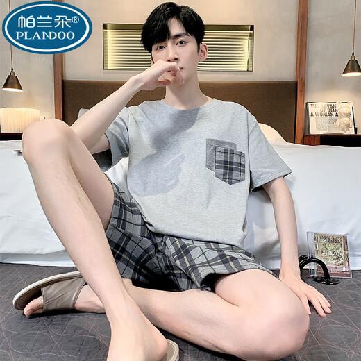 帕兰朵睡衣男士夏季棉质短袖青中年薄款大码男式夏天休闲春秋家居服套装 9922【H系列男短袖短裤套装】 L 【建议100-130斤】