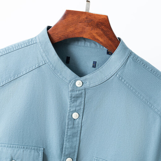 Gosram Henry collar shirt green cotton stand collar long sleeve men's spring and autumn stylish slim pocket work style shirt H_111 green stand collar pocket long sleeve shirt 40