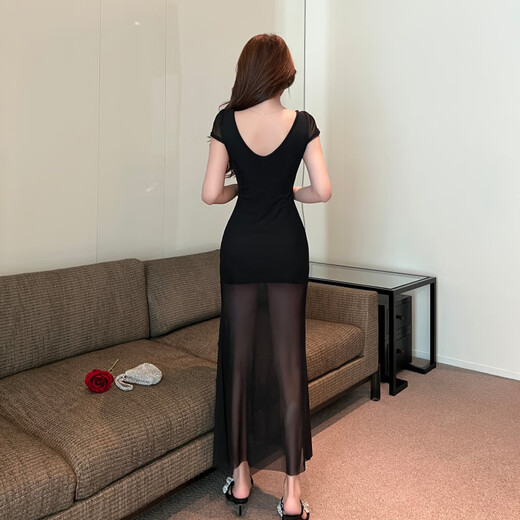 Jinggong Foot Foot Technician Work Clothes Sexy Foot Massage Foot Bath Work Clothes Soft Massage Spa Long Skirt Mesh Slit Dress 9276# Black S