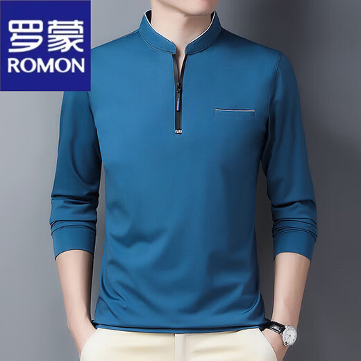 罗蒙（ROMON）中年男土长袖t恤小立领纯棉中老年人半袖全棉薄款父亲半拉链体恤 6623玫红 M 165