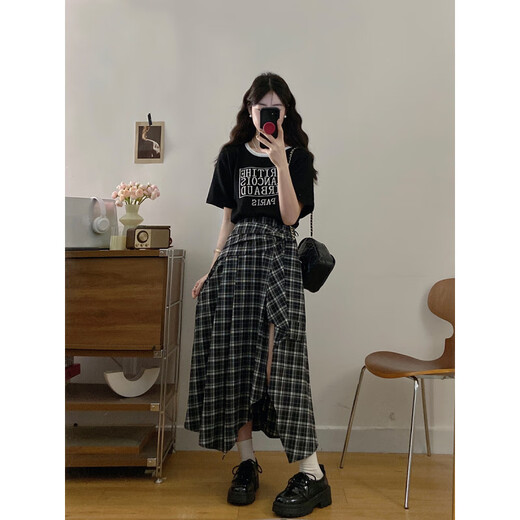 欧贝汐两件套女装夏薄款针织短袖T恤不规则格子裙裤洋气感穿搭 上衣-3291 L 大