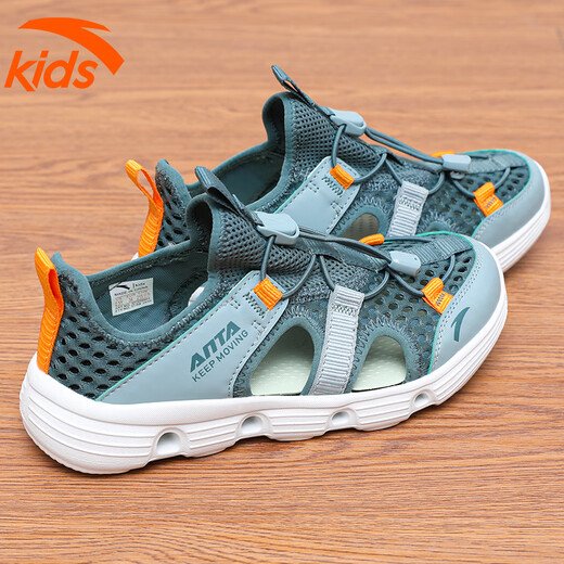 Anta-Kinder Sandalen Jungenjungen Atmungsmaschinenjungen Baby Bump-Proof- und Kick-Loch-Schuhe Jungen Strandschuhe verfolgen die Streamschuhe Salbei Grün/Fisch Grün 36
