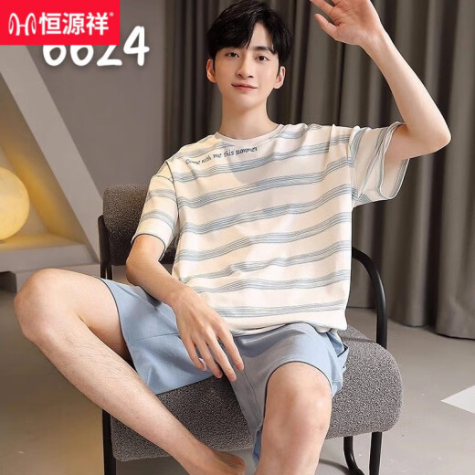 
Hengyuanxiang pajamas men's summer thin short-sleeved pure cotton style teenager men's home clothing set plus size summer Y6624 [Men's short-sleeved shorts] L 100-120Jin [Jin equals 0.5 kg]