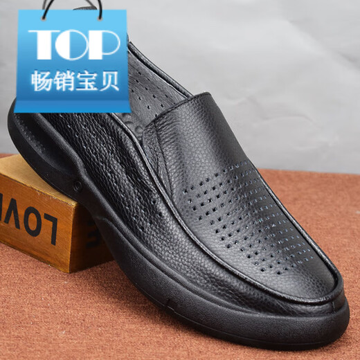 Belle Trail Serie atmungsaktives Stanzen und Loch Sandalen Herren hohl Lederschuhe Herren Soft Soft Dad's Schuhe Echtes Leder Geschäftsluhe Schwarz 6198 Hollow 37 Dieses Modell ist eine Größe größer