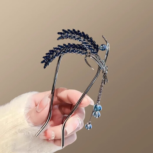 Red makeup Nuo high-end blue wheat ear hairpin for women new Chinese Hanfu cheongsam U-shaped hairpin back of the head rocking plate hairpin F3459 blue wheat ear-U-shaped hairpin