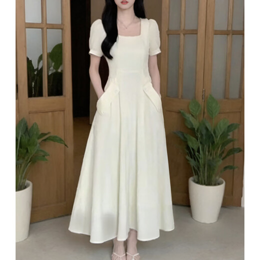 皮尔卡丹（pierrecardin）有内衬温柔风法式白色连衣裙女2025夏季新款长裙子茶歇显瘦1585 杏色短款 S 100斤以下