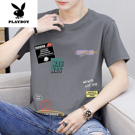花花公子（PLAYBOY）棉短袖t恤男夏季青少年初中学生体恤男生休闲印花半袖上衣新品 9902白色 S (约80-95斤可穿)