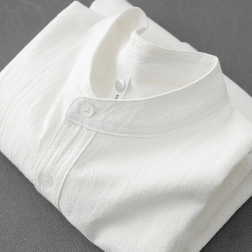 Men's stand collar white short-sleeved shirt men's Japanese cotton round neck three-quarter sleeve T-shirt Henry collar textured shirt C1061-white-long sleeve 3XL 145-155Jin Jin equals 0.5 kg