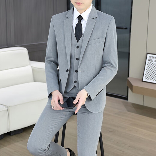 Suit suit men's business casual formal three-piece slim suit jacket men's wedding groom's best man's dress medium gray top + trousers + vest XL recommended 120-135Jin Jin equals 0.5 kg