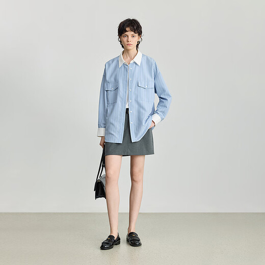 LILY2025 new winter women's clothing retro contrasting vertical stripes temperament versatile loose commuting long-sleeved shirt jacket 401 blue S