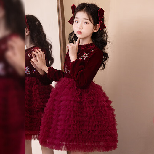 Girls Princess Dress Spring and Autumn 2025 New Spring Dress Girls Style Puffy Skirt Fashionable Children's Dress Spring 325 Burgundy Single Liner Free Pearl Headband 120 Recommended 33-40Jin Jin is equal to 0.5 kg