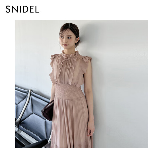 
SNIDEL2025 autumn and winter new product elegant ruffled solid color waisted small flying sleeve dress SWFO254287 pink beige M (1)