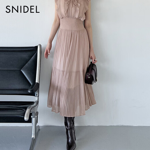 
SNIDEL2025 autumn and winter new product elegant ruffled solid color waisted small flying sleeve dress SWFO254287 pink beige M (1)