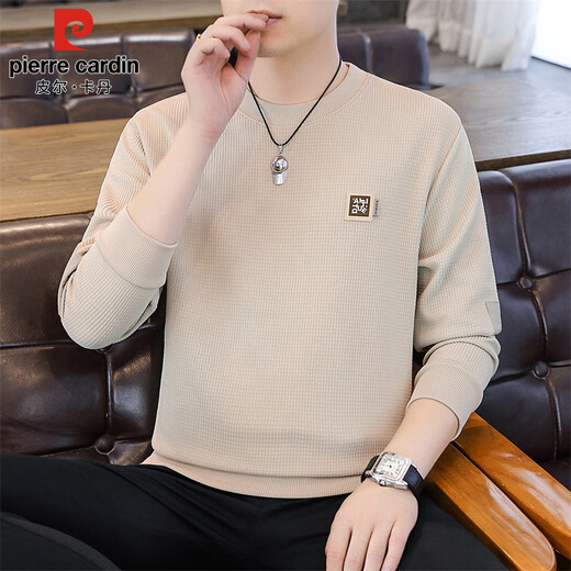 Pierre Cardin sweatshirt men's spring, autumn and winter round neck pullover trendy brand versatile long-sleeved T-shirt trendy tops apricot XL